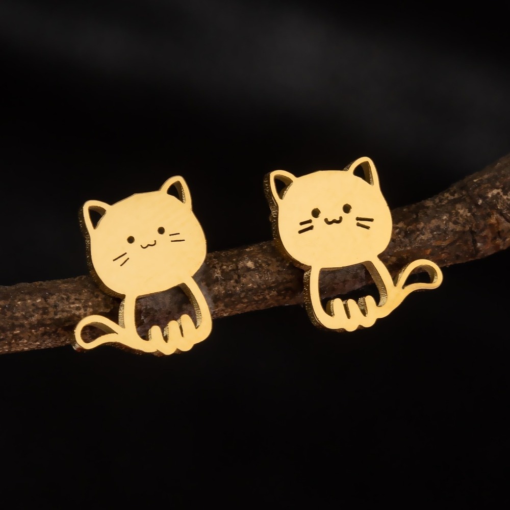Gold‎ Cat Earrings Stainless Steel Kitten Stainless Steel Stud Earrings Jewelry